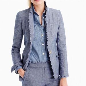 J. Crew Regent Blazer Jacket Chambray Denim Ruffles‎ Academia Career Office Sz 0